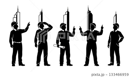 Black Solid Worker Pointing Up Silhouettes Set of Six on White Background 133466959