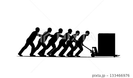 Black Solid Worker Pallet Truck Silhouettes Set of Six on White Background 133466976