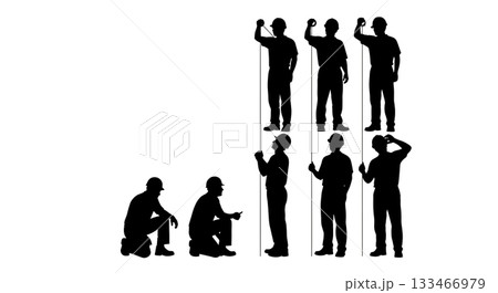 Black Solid Worker Plumb Line Silhouettes Set of Six on White Background Black Solid Worker Plumb Line Silhouettes Set of Six on White Background 133466979