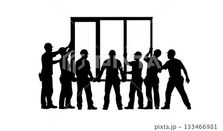Black Solid Worker Installing Window Silhouettes Set of Six on White Background Black Solid Worker Installing Window Silhouettes Set of Six on White Background 133466981