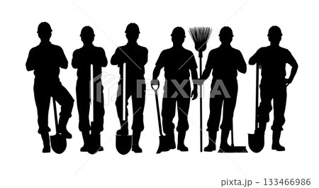 Black Solid Worker Leaning on Shovel Silhouettes Set of Six on White Background Black Solid Worker Leaning on Shovel Silhouettes Set of Six on White Background 133466986