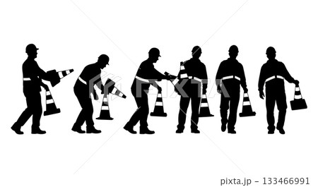 Black Solid Worker with Traffic Cone Silhouettes Set of Six on White Background 133466991