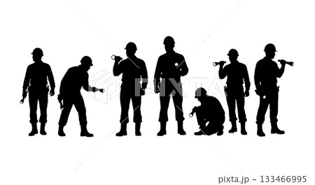 Black Solid Worker with Flashlight Silhouettes Set of Six on White Background Black Solid Worker with Flashlight Silhouettes Set of Six on White Background 133466995