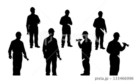 Black Solid Worker with Flashlight Silhouettes Set of Six on White Background 133466996