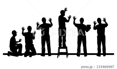 Black Solid Worker Inspecting Wall Silhouettes Set of Six on White Background 133466997
