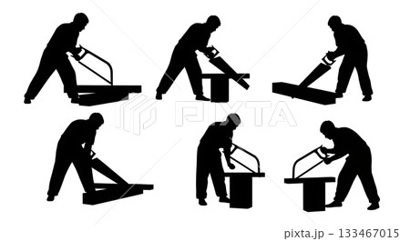 Black Solid Worker Using Hand Saw Silhouettes Set of Six on White Background 133467015