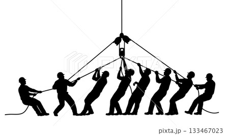 Black Solid Worker Using Pulley Silhouettes Set of Six on White Background 133467023