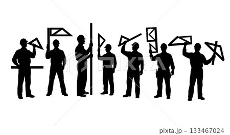 Black Solid Worker with Framing Square Silhouettes Set of Six on White Background Black Solid Worker with Framing Square Silhouettes Set of Six on White Background 133467024