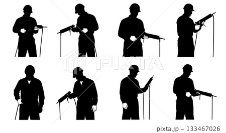 Black Solid Worker Grease Gun Silhouettes Set of Six on White Background Black Solid Worker Grease Gun Silhouettes Set of Six on White Background 133467026