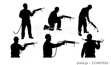 Black Solid Worker Grease Gun Silhouettes Set of Six on White Background 133467028