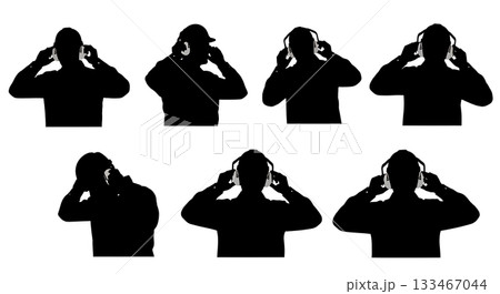Black Solid Worker Ear Defenders Silhouettes Set of Six on White Background Black Solid Worker Ear Defenders Silhouettes Set of Six on White Background 133467044