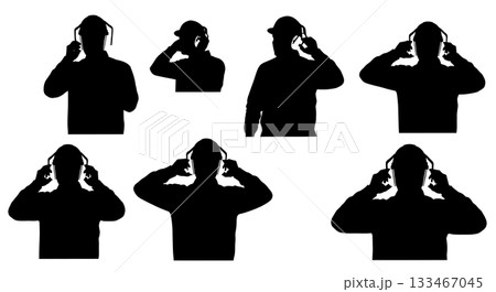 Black Solid Worker Ear Defenders Silhouettes Set of Six on White Background Black Solid Worker Ear Defenders Silhouettes Set of Six on White Background 133467045