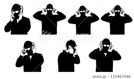 Black Solid Worker Ear Defenders Silhouettes Set of Six on White Background Black Solid Worker Ear Defenders Silhouettes Set of Six on White Background 133467046