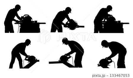 Black Solid Worker Using Circular Saw Silhouettes Set of Six on White Background Black Solid Worker Using Circular Saw Silhouettes Set of Six on White Background 133467053