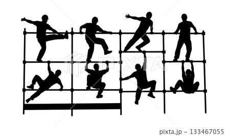 Black Solid Worker Climbing Scaffold Silhouettes Set of Six on White Background Black Solid Worker Climbing Scaffold Silhouettes Set of Six on White Background 133467055