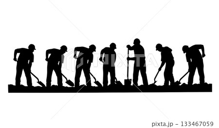 Black Solid Worker Digging Trench Silhouettes Set of Six on White Background Black Solid Worker Digging Trench Silhouettes Set of Six on White Background 133467059