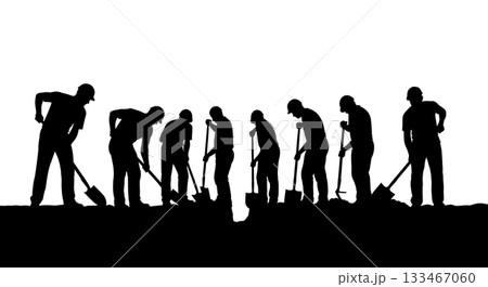 Black Solid Worker Digging Trench Silhouettes Set of Six on White Background Black Solid Worker Digging Trench Silhouettes Set of Six on White Background 133467060