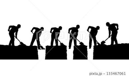 Black Solid Worker Digging Trench Silhouettes Set of Six on White Background Black Solid Worker Digging Trench Silhouettes Set of Six on White Background 133467061