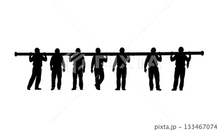 Black Solid Worker Carrying Pipe Silhouettes Set of Six on White Background 133467074