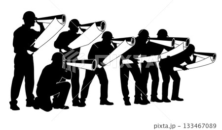 Black Solid Worker Blueprint Telescope Silhouettes Set of Six on White Background 133467089