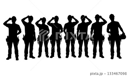 Black Solid Worker Adjusting Helmet Silhouettes Set of Six on White Background Black Solid Worker Adjusting Helmet Silhouettes Set of Six on White Background 133467098