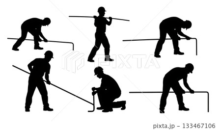 Black Solid Worker Bending Rebar Silhouettes Set of Six on White Background Black Solid Worker Bending Rebar Silhouettes Set of Six on White Background 133467106
