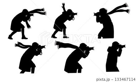 Black Solid Windy Weather Photographer Silhouettes Set of Six on White Background Black Solid Windy Weather Photographer Silhouettes Set of Six on White Background 133467114