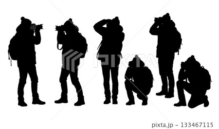 Black Solid Winter Photographer Silhouettes Set of Six on White Background Black Solid Winter Photographer Silhouettes Set of Six on White Background 133467115