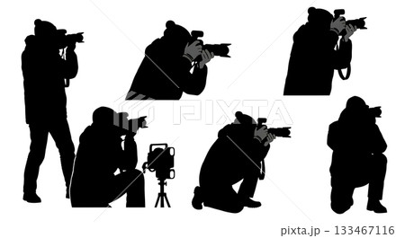 Black Solid Winter Photographer Silhouettes Set of Six on White Background 133467116