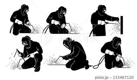 Black Solid Welder Worker Silhouettes Set of Six on White Background Black Solid Welder Worker Silhouettes Set of Six on White Background 133467120