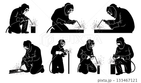 Black Solid Welder Worker Silhouettes Set of Six on White Background 133467121