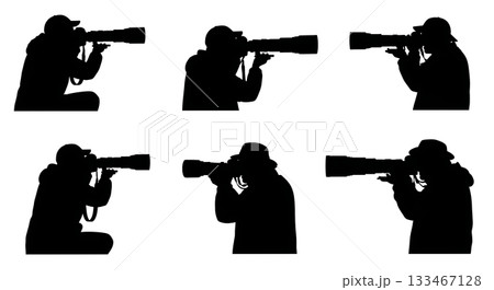 Black Solid Wildlife Photographer Silhouettes Set of Six on White Background 133467128
