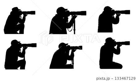 Black Solid Wildlife Photographer Silhouettes Set of Six on White Background 133467129