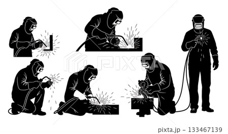 Black Solid Welder Worker Silhouettes Set of Six on White Background 133467139