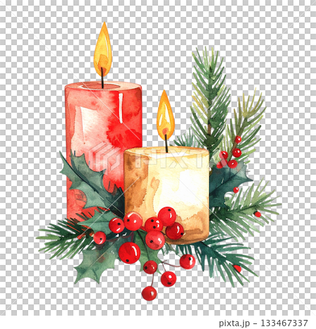 Christmas candle decoration watercolor illustration 133467337