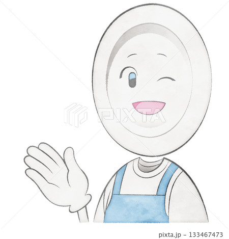 エプロンをつけたお皿のキャラクター(手で示す・明るいウィンク) エプロンをつけたお皿のキャラクター(手で示す・明るいウィンク) 133467473