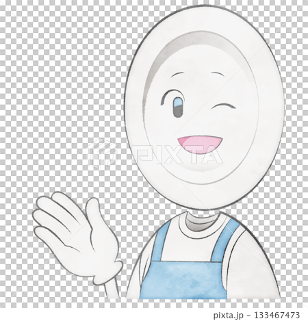 エプロンをつけたお皿のキャラクター(手で示す・明るいウィンク) エプロンをつけたお皿のキャラクター(手で示す・明るいウィンク) 133467473