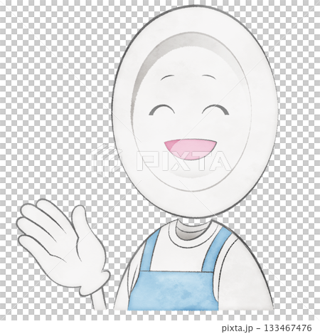 Plate character wearing an apron (pointing with hand, bright smile) Plate character wearing an apron (pointing with hand, bright smile) 133467476