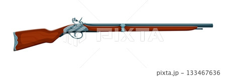 Cartoon corsair pirate bandit flintlock rifle weapon. Pirate skipper antique gunpowder isolated vector weapon, buccaneer or privateer sailor cartoon flintlock musket. Filibuster 18th century gun 133467636