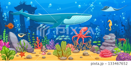 Underwater landscape with cartoon blue whale and octopus in coral reef, vector background. Sea and ocean underwater landscape with seahorse and manta ray or fugu fish with pearl shell in deep water 133467652