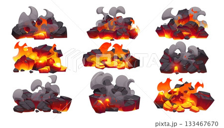 Fire flames on coal, fireplace charcoal, burn ember coal pieces and ash with smoke and sparks, vector grill, bonfire or campfire themes. Cartoon fire burning on charcoals with hot red flames 133467670
