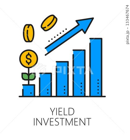 Investment yield, business color line icon or pictogram. Trade business profit lineart vector icon, yield investment pictogram or sign with revenue growth infographics, money golden coin plant Investment yield, business color line icon or pictogram. Trade business profit lineart vector icon, yield investment pictogram or sign with revenue growth infographics, money golden coin plant 133467674