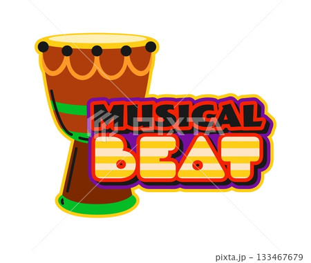 Musical beat Y2K groovy sticker or label. Radio audio record Y2K vector tag, festival concert sticker. Musical sound funky label or patch with African drum percussion musical instrument and typography Musical beat Y2K groovy sticker or label. Radio audio record Y2K vector tag, festival concert sticker. Musical sound funky label or patch with African drum percussion musical instrument and typography 133467679