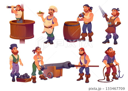 Pirate ship crew characters, cartoon cheerful corsairs with cannon, spyglass, hook and barrel. Vector sailor, gunner, carpenter and cook, lookout and cooper pirate characters with costumes, work tools 133467709