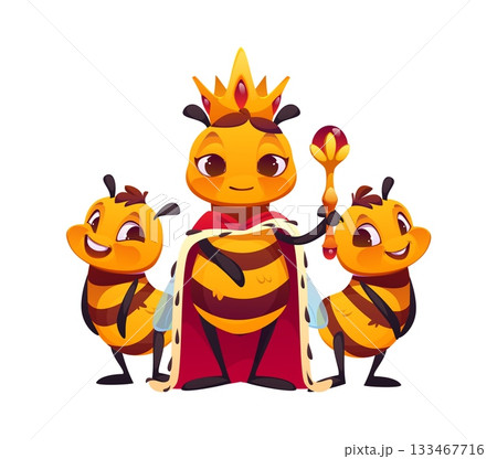 Cartoon cute honey bee characters of honeybee queen or king, vector personages. Funny honey bee in royal cape mantle with crown and bee workers, fairy tale and kids bumblebee mascot 133467716