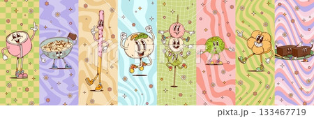 Cartoon groovy Japanese dessert characters collage. Funny vector Asian snacks mochi, anmitsu, pocky, taiyaki, dango, matcha, ball and wagashi, kasutera and yokan retro comic sweet food y2k personages 133467719
