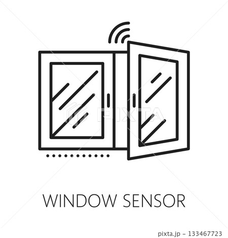Window sensor home security equipment line icon or symbol. House safety device thin line vector icon, protection electronics outline symbol. Alarm equipment sign with home opened window 133467723