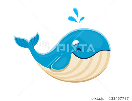 Cartoon cheerful funny blue whale character. Whale cute happy smiling mascot, oceanarium aquarium wildlife marine animal happy vector cartoon character. Underwater mammal funny isolated personage 133467757