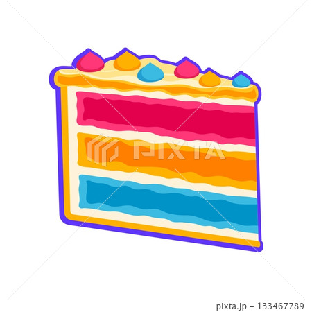 Fast food cake dessert vintage Y2K sticker or symbol. Takeout dessert meal vintage 90s vector patch, street food menu retro sticker. Takeaway cafe label or Y2K tag with sweet pastry piece of cake 133467789