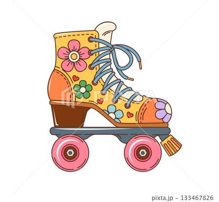 Cartoon retro 80s groovy roller skate sticker or symbol. Retro hippie patch, 70s 80s funky vector tag. Cartoon vintage groovy sticker or label with retro roller skates shoe Cartoon retro 80s groovy roller skate sticker or symbol. Retro hippie patch, 70s 80s funky vector tag. Cartoon vintage groovy sticker or label with retro roller skates shoe 133467826